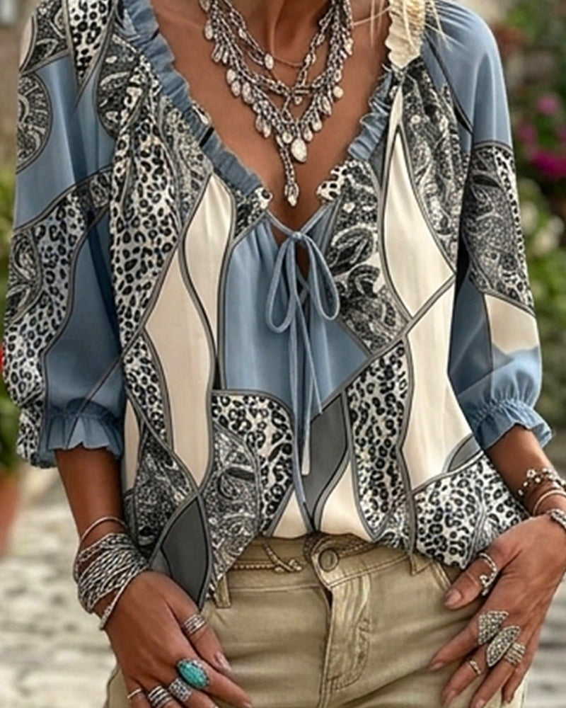 Bluse V-Hals Leopard Pufærme Bind