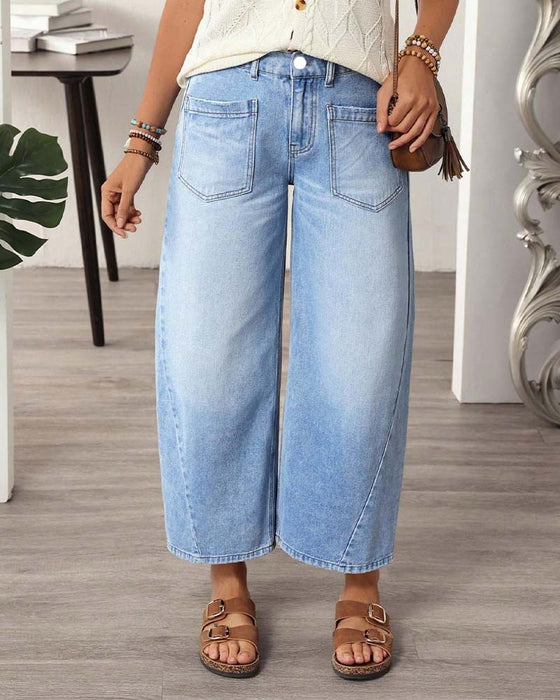 Jeans Denim Elastisk Talje Bredt Ben Croppet