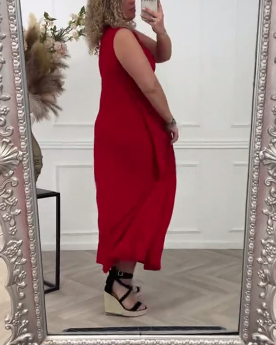 Rød elegant kjole uden ærmer i twist-design