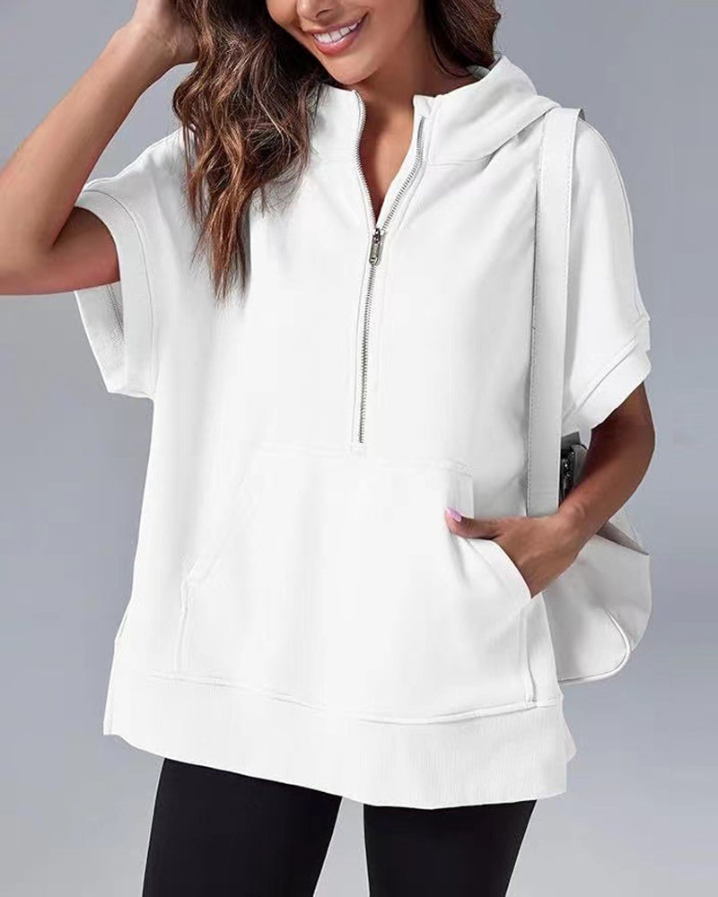 Sweatshirt Korte Ærmer Delvis Lynlås Hætte