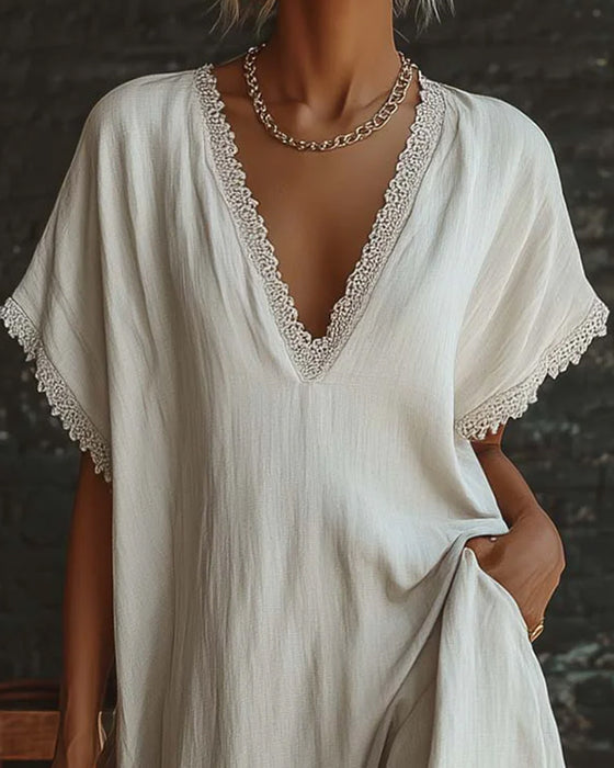 Kjole Ensfarvet V-Udskæring Mode Lang