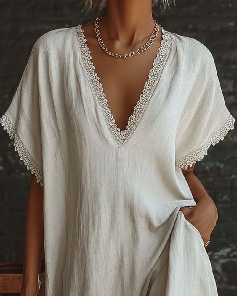 Kjole Ensfarvet V-Udskæring Mode Lang