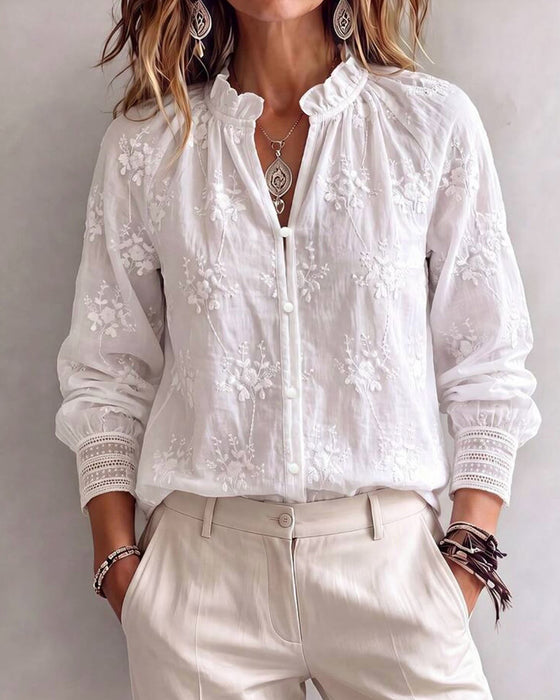 Bluse Ruffle Kant Mandarin Krave