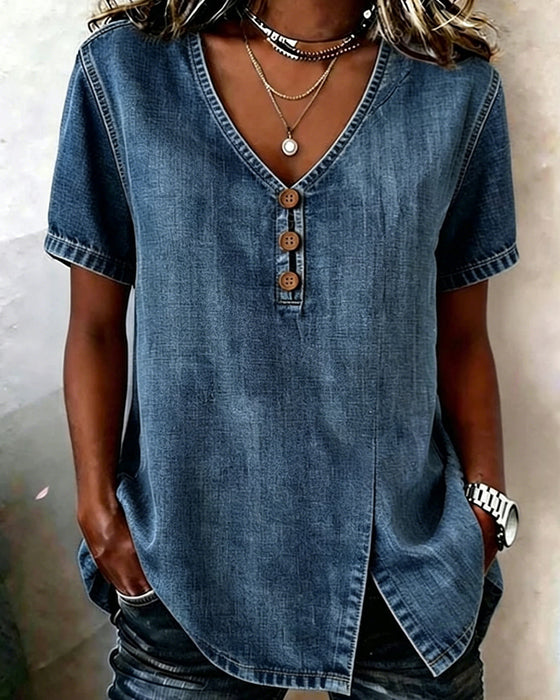 Bluse I Denim Med Slids V-Hals