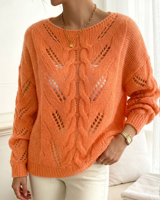 Pullover Rund Hals Drop Skulder Udskæring Solid Strikket