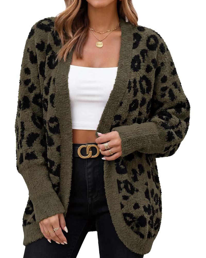 Cardigan Løs Leopardmønster Langærmet