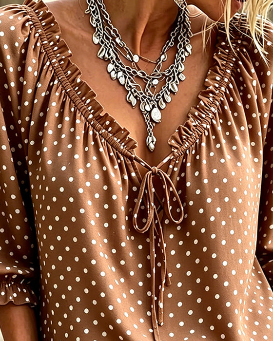 Bluse V-Hals Ruffle Polka Dot Bindebånd