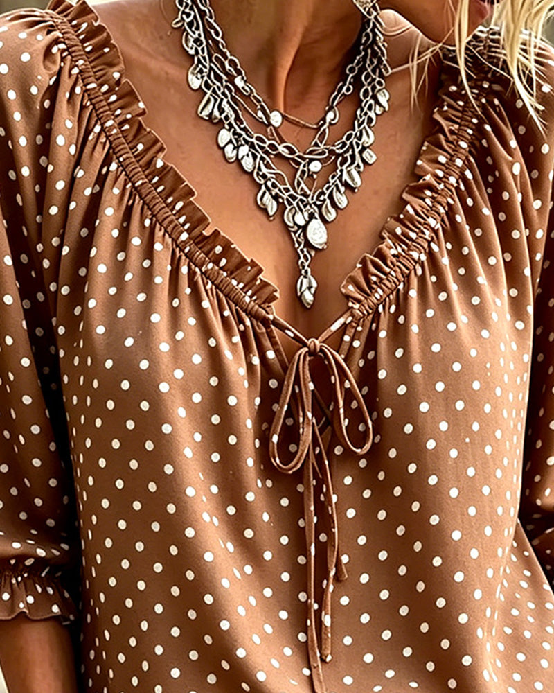Bluse V-Hals Ruffle Polka Dot Bindebånd