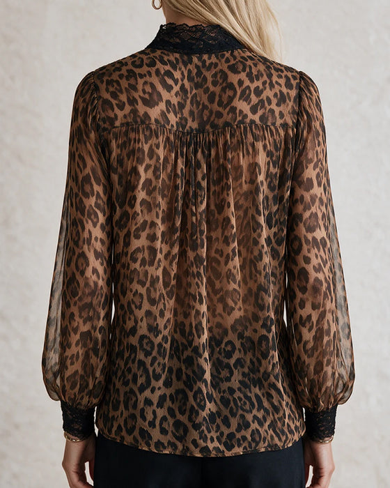 Bluse V-Hals Leopard Lang Ærme