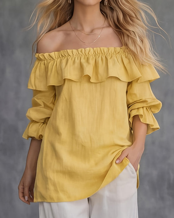 Bluse Off-Shoulder Ruffle Ensfarvet Løs