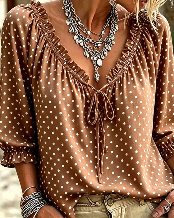 Bluse V-Hals Ruffle Polka Dot Bindebånd
