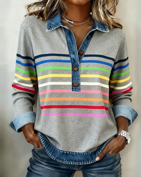 Sweatshirt I Regnbuestribet Patchwork-Denim