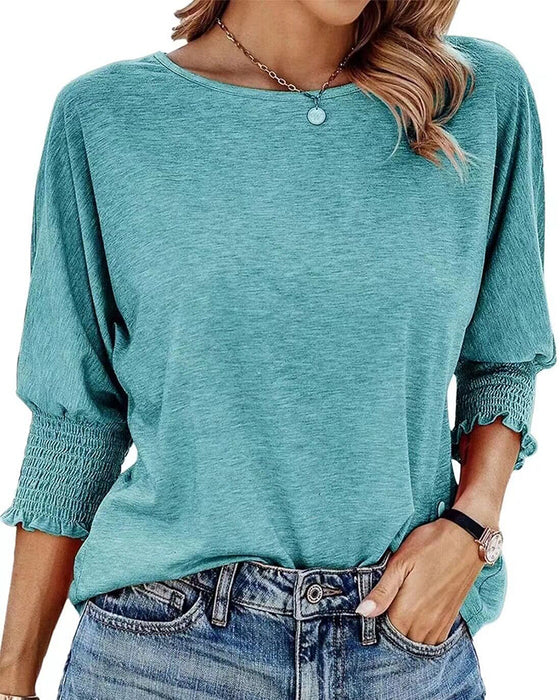 Tshirt Løs Pasform Rund Hals Rynkede Manchetter