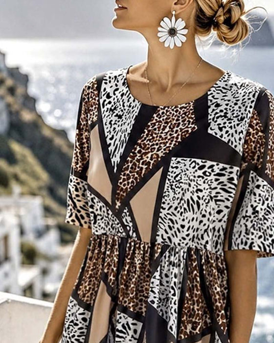Kjole Geometrisk Patchwork Leopard Fuld Nederdel Maxi