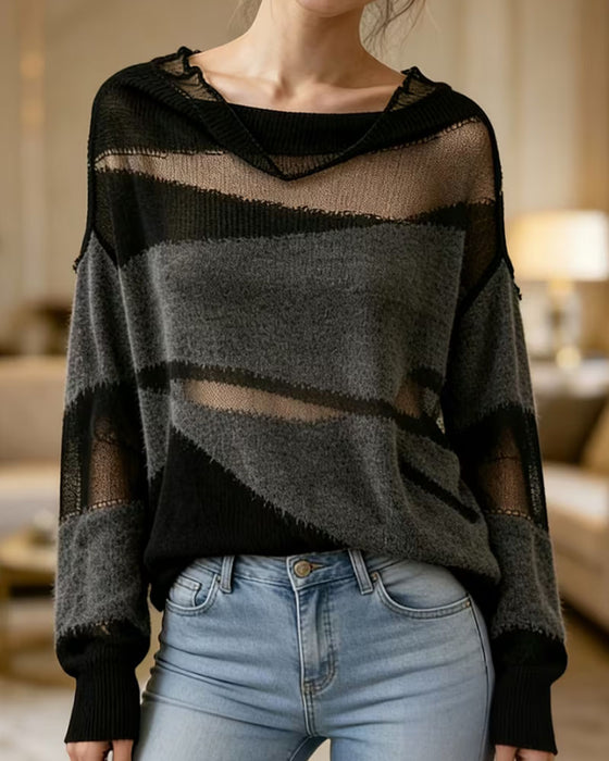 Pullover Kontrastfarve Gennemsigtig Langærmet Sweater