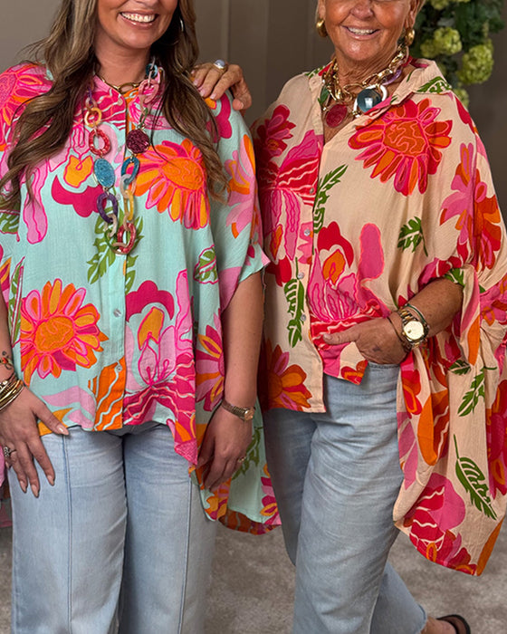 Bluse Revers Blomstret Asymmetrisk