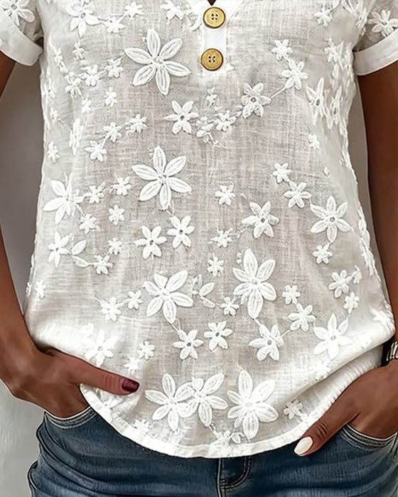 Bluse Ensfarvet 3d Blomstret V-Udskæring