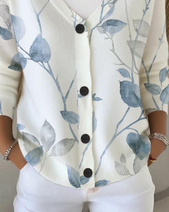 Pullover V-Hals Knap Blad Tryk