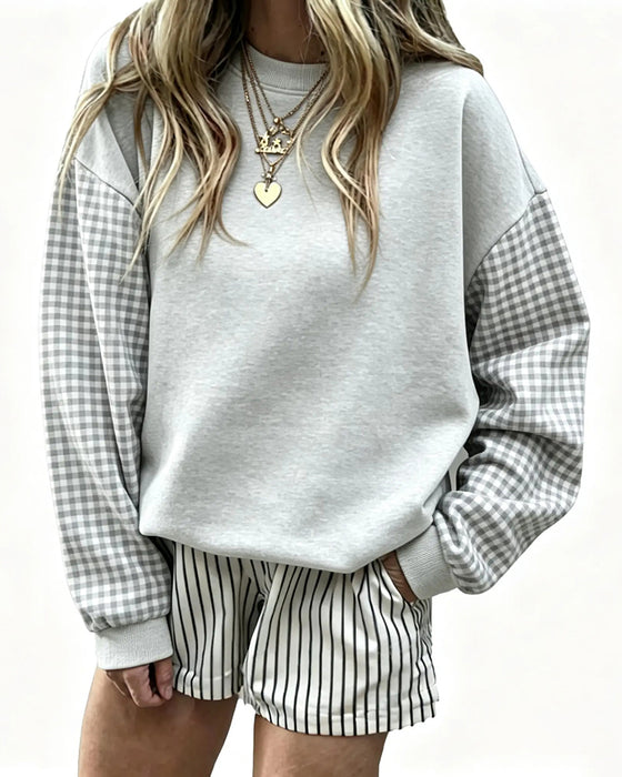 Sweatshirt Rund Hals Terning Patchwork Ensfarvet