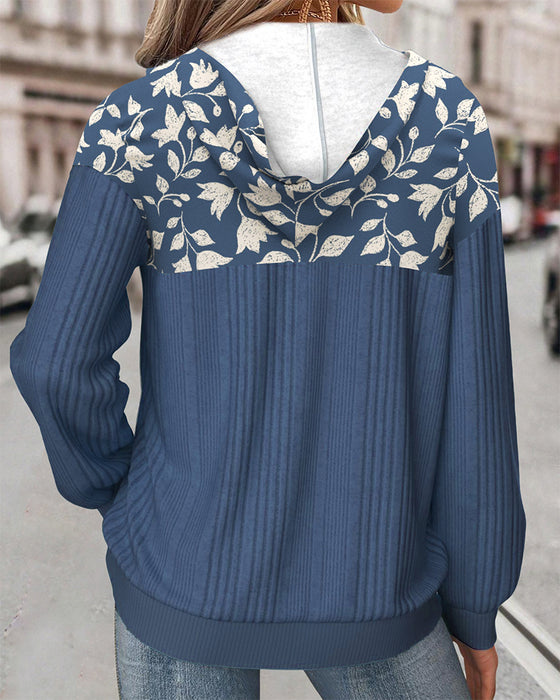 Sweatshirt Med Hætte Halvlynlås Blomstertryk