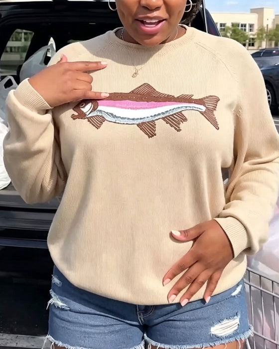 Pullover Rund Hals Fisk Tryk Drop Skulder