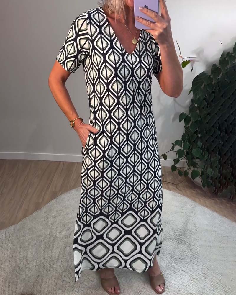 Kjole V-Hals Geometrisk Kortærmed