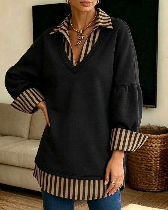 Sweatshirt Revers Stribet Patchwork Løs