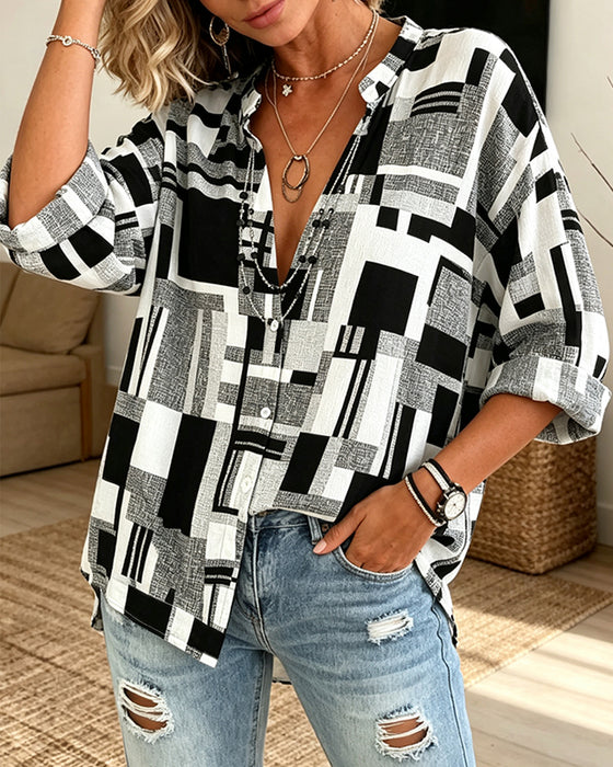 Bluse Geometrisk Tryk V-Hals Afslappet