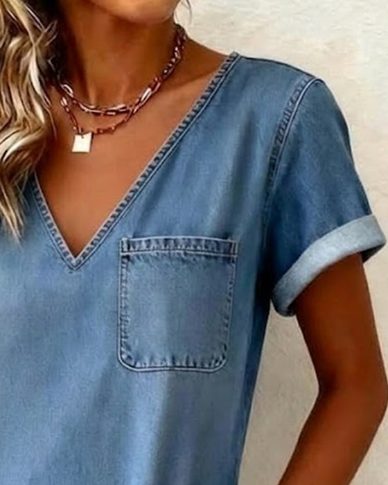 Kjole Denim V-hals Kortærmet Shift