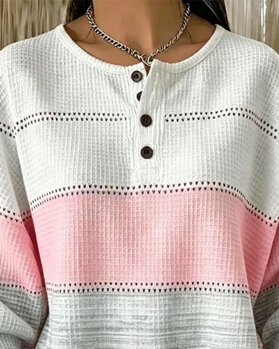Sweatshirt Farveblok Rund Hals Knap Vaffel
