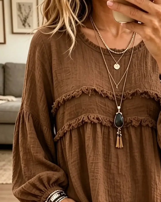 Bluse Ensfarvet Rynket Casual