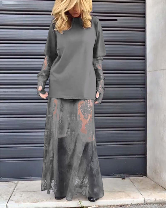 Todelt sæt - Sort top med blondeærmer og blondenederdel