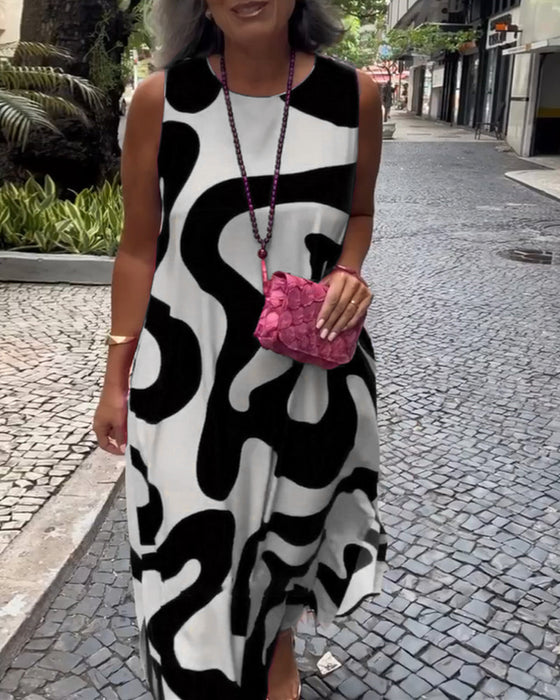 Rund Hals Ærmløs Kjole Med Geometrisk Tryk