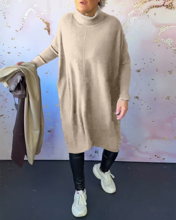 Afslappet ensfarvet langærmet pullover med høj krave