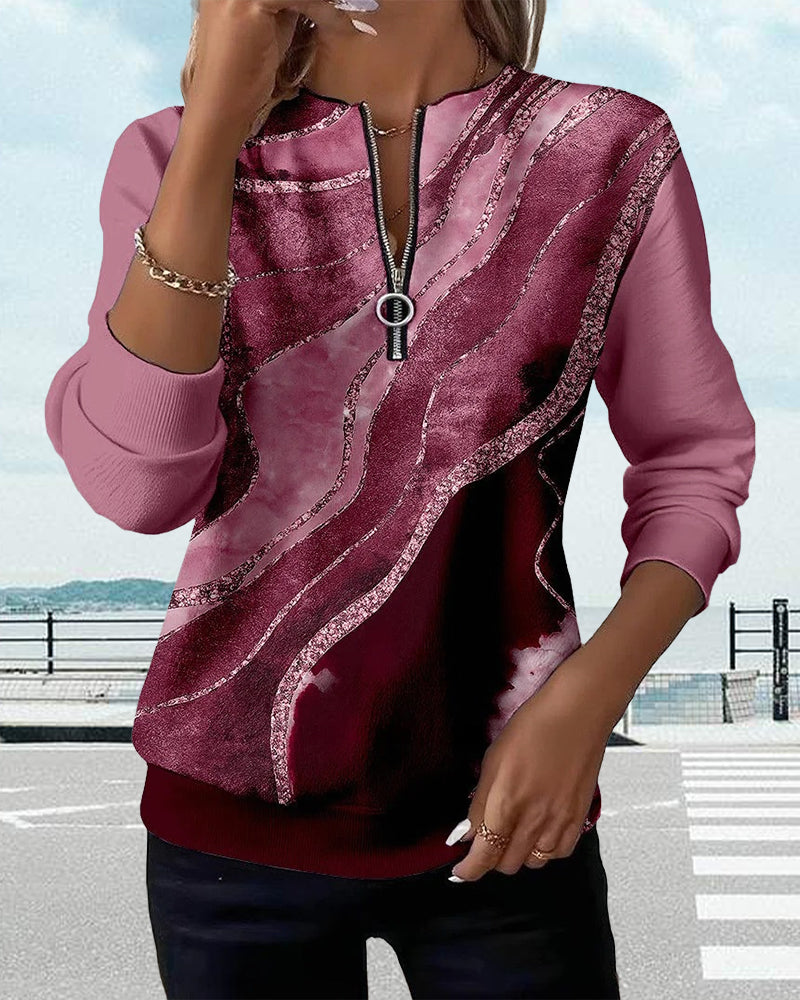 Sweatshirt Med Halv Lynlås Og Vintageprint