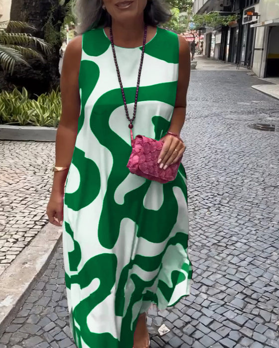 Rund Hals Ærmløs Kjole Med Geometrisk Tryk