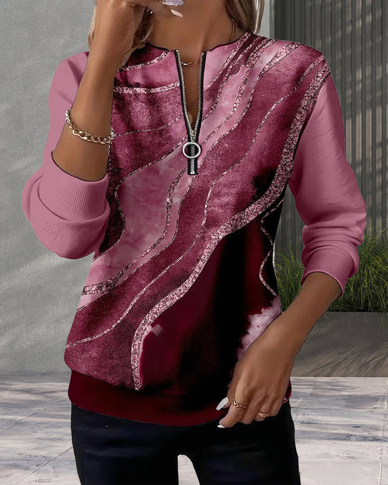 Sweatshirt Med Halv Lynlås Og Vintageprint