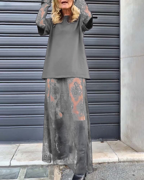 Todelt sæt - Sort top med blondeærmer og blondenederdel