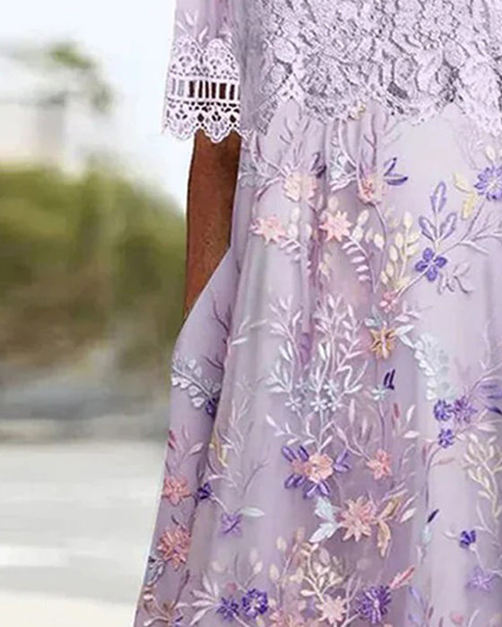 Kjole Blonder Blomstermønster Patchwork A-Linje