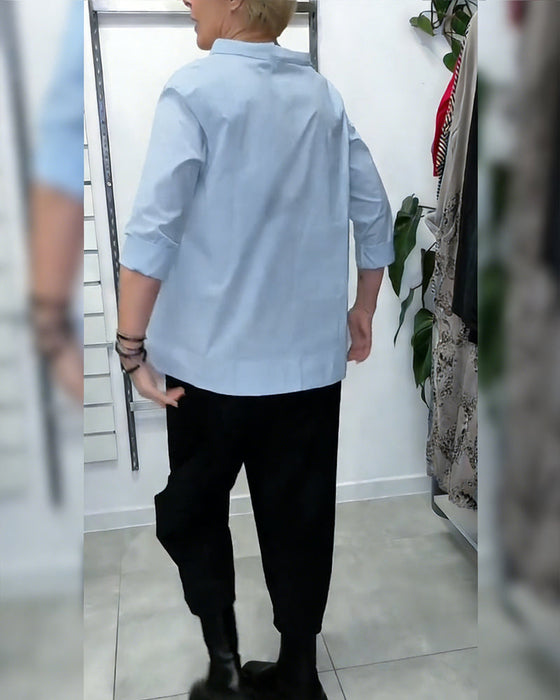 100% Bomuld Bluse Vid Krave Ensfarvet Casual