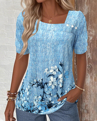 Bluse Skrå Krave Printet Med Knapper