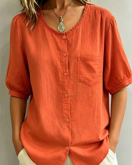 Bluse Ruffle Trim Knap Lomme