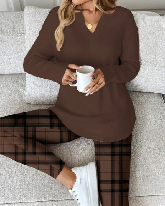 Sæt V-Hals Ensfarvet Top + ternet Bukser Loungewear