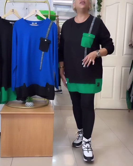 Sweatshirt afslappet lomme med rund hals i kontrastfarve