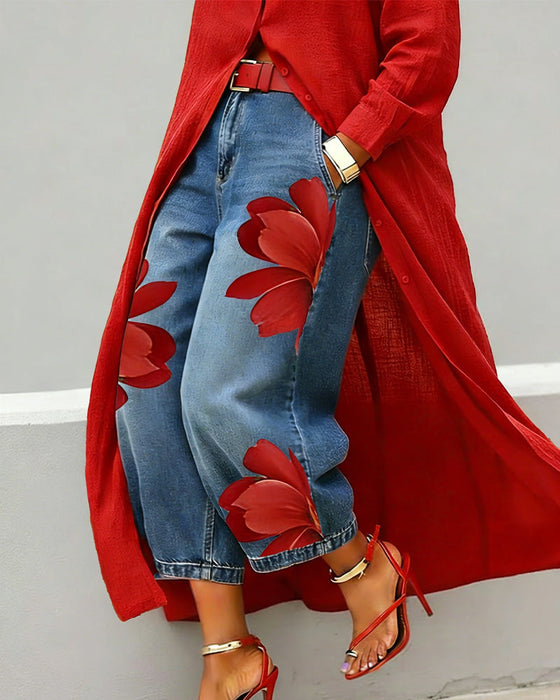 Blomstertrykte Jeans Kortskåret Bredbenet