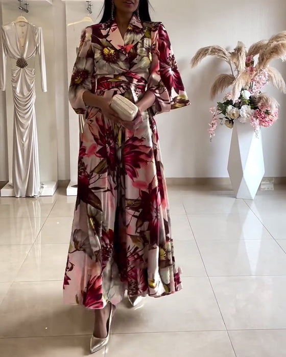 Trekvart-ærmet blomsterkjole med snøre