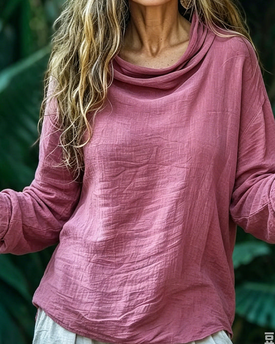 Bluse Draperet Hals Casual Ensfarvet Lang Ærme