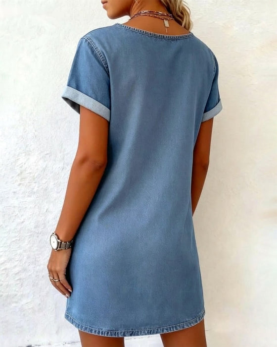 Kjole Denim V-hals Kortærmet Shift