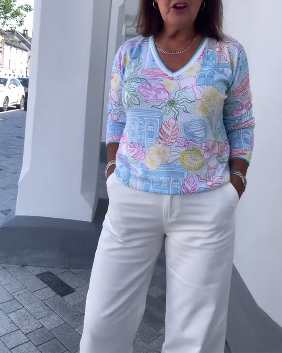 Sweater V-Udskæring Printet Mode