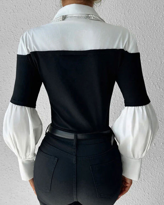 Top Farveblok Off-Shoulder Lanterne Ærme Patchwork
